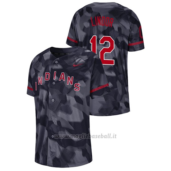 Maglia Baseball Hombre Cleveland Indians Francisco Lindor Camuffamento Autentico Collezione Blu